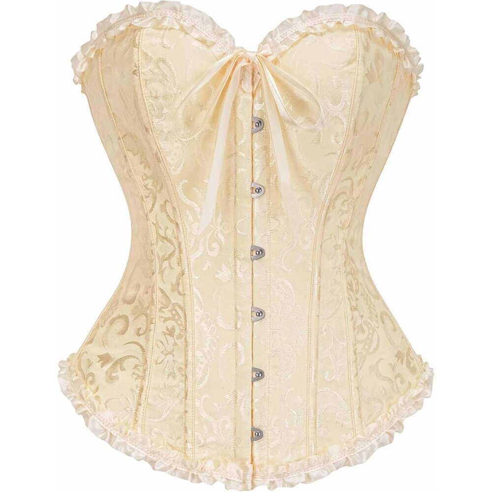 Women's Beige Vanilla Corset Tops Bustier Lingerie Lace Waist Push Up Bodysuit